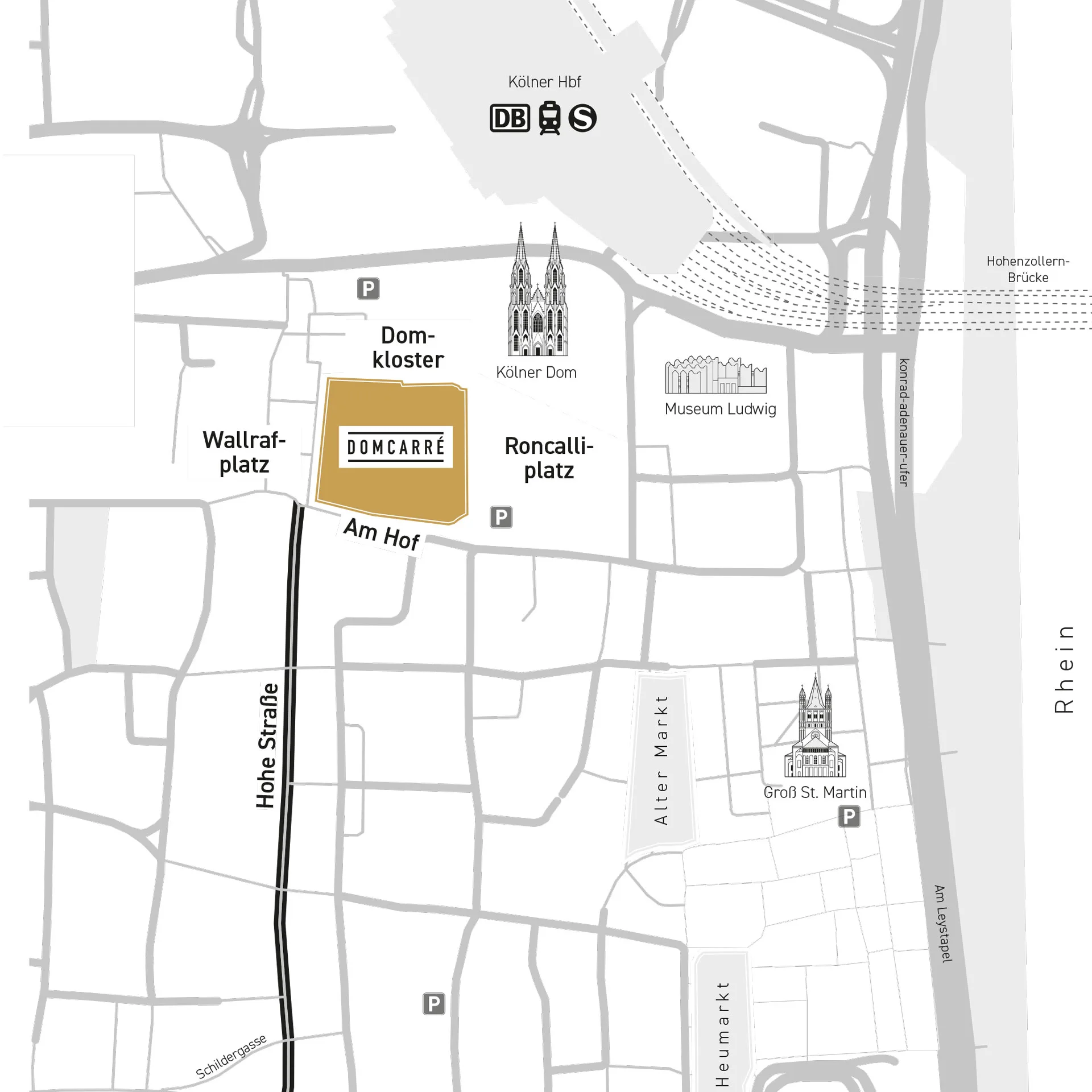 Illustrative Mikrolage des DomCarré zwischen Dom, Wallrafplatz und Roncalliplatz