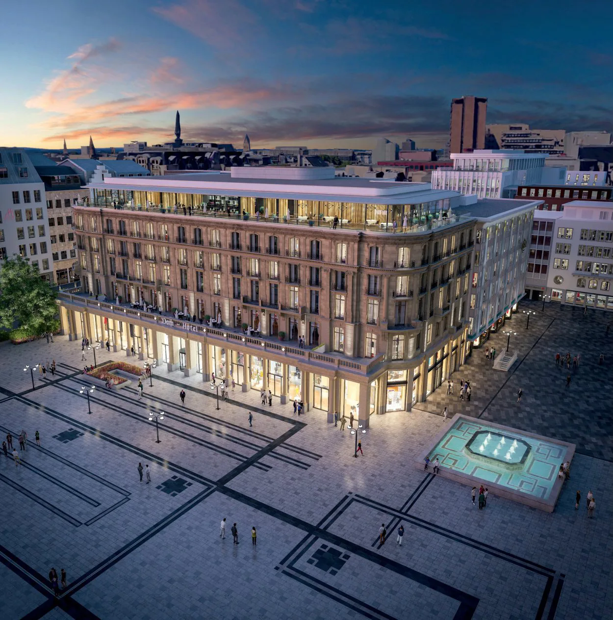 DomCarré Rendering bei Dämmerung